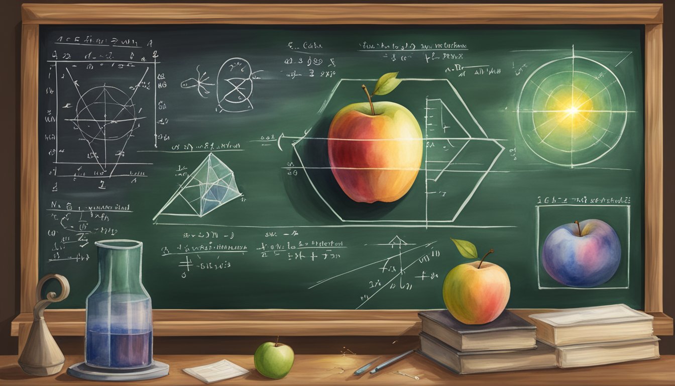 Isaac Newton's scientific contributions and discoveries: a falling apple, a prism splitting light, and equations on a chalkboard