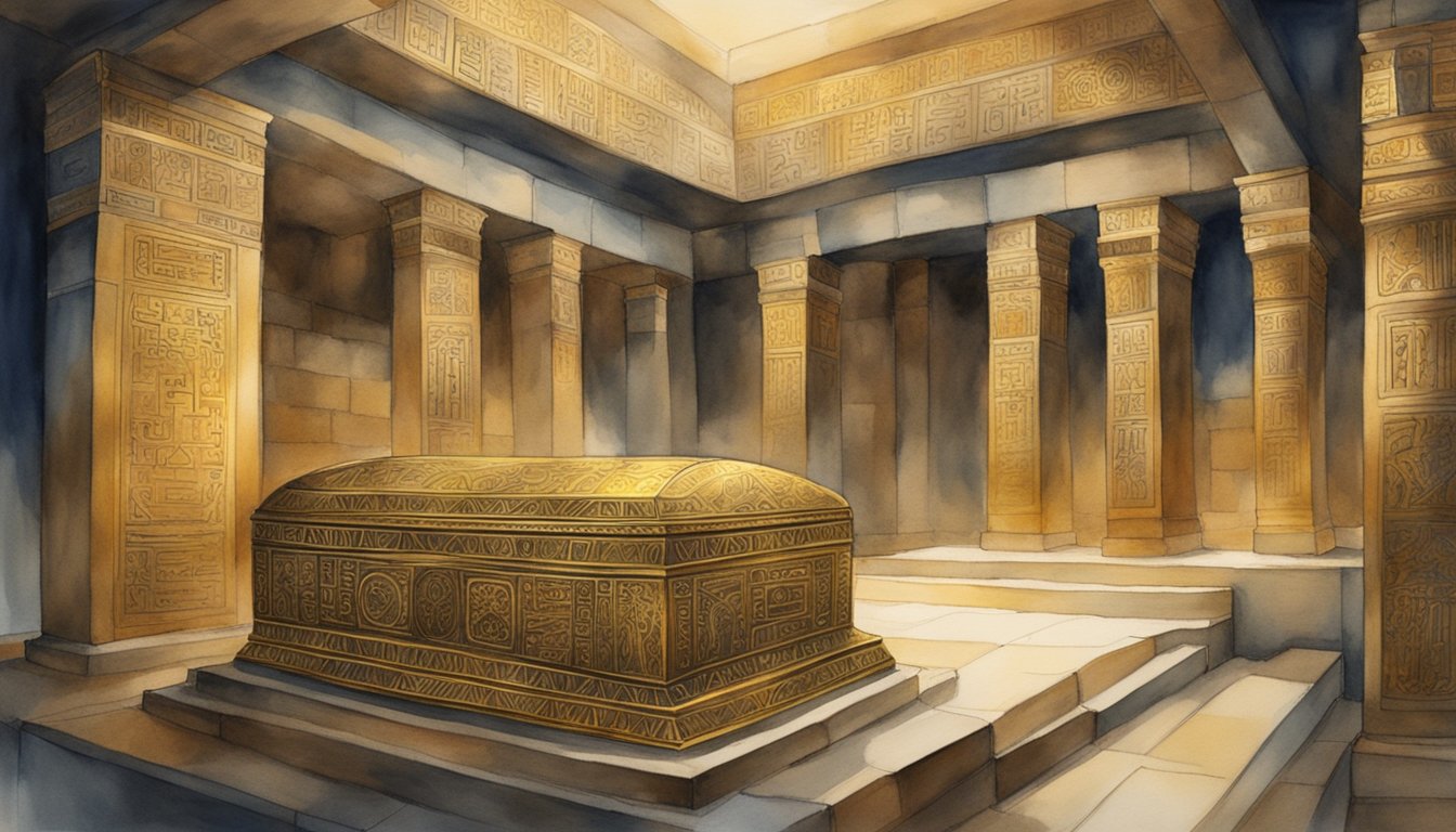 Golden artifacts gleam in a dimly lit tomb, shrouded in mystery and ancient legacy.</p><p>An ornate sarcophagus rests at the center, adorned with intricate hieroglyphs and symbols