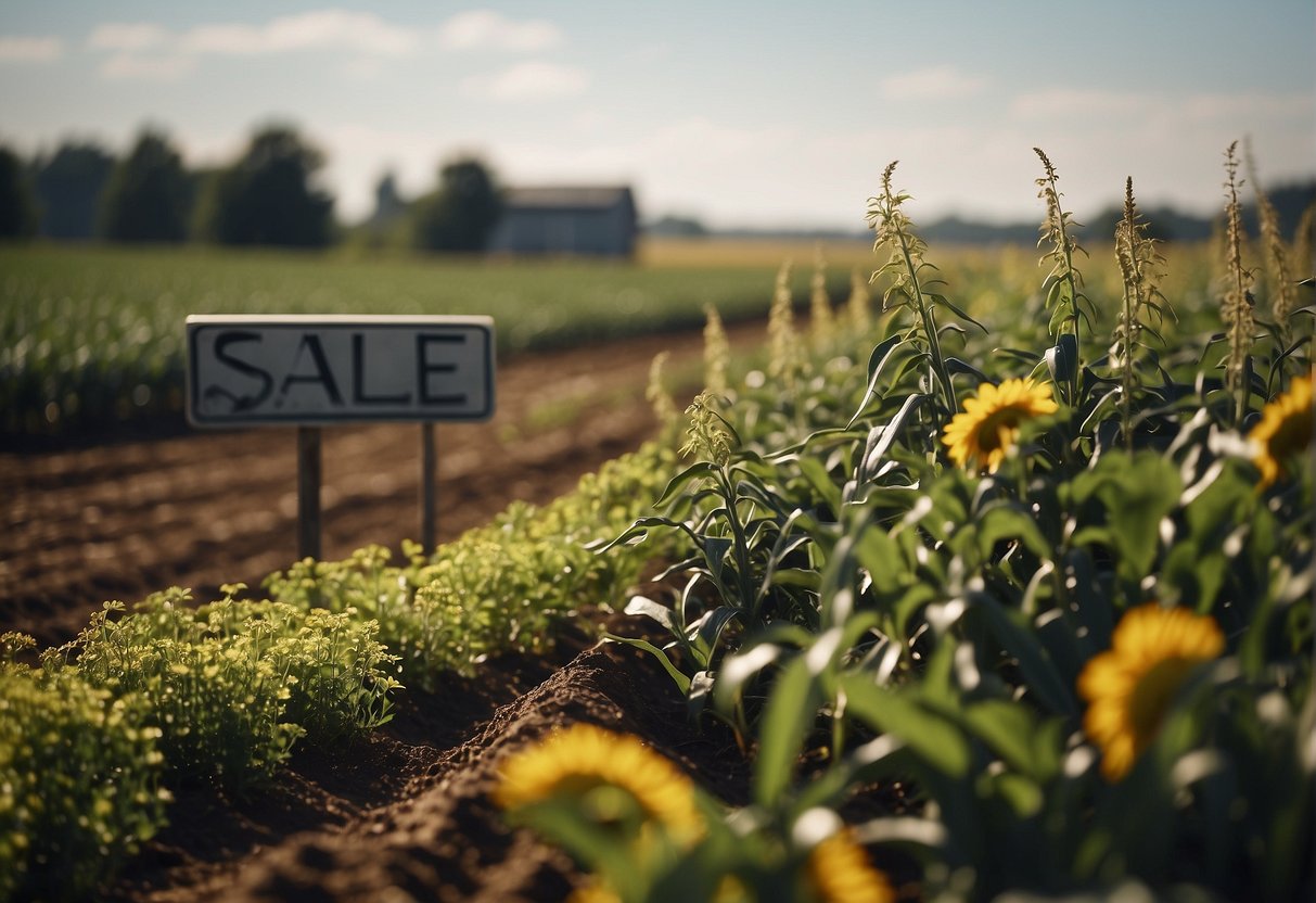 A fertile field with crops ready for harvest, a bustling farmer's market, and a sign advertising land for sale