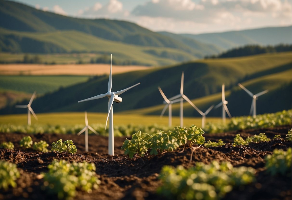 A sprawling landscape with fertile soil, rolling hills, and a glistening river. A farmer tends to crops, while a wind turbine generates renewable energy