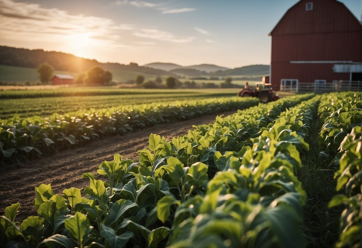 Lush fields with crops and livestock, a barn and farmhouse, and a sign reading "Agricultural Ventures: Making Money with Land."