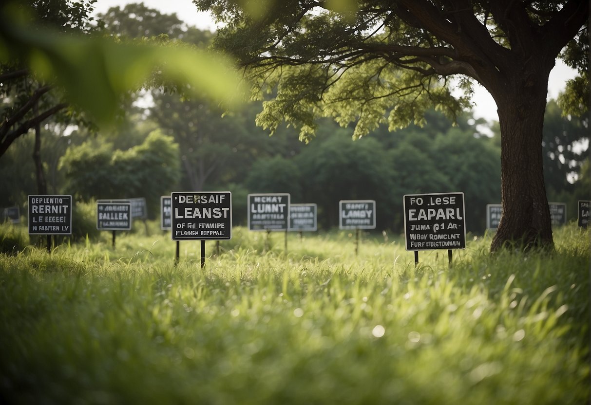 A vast expanse of land with "For Lease" and "For Rent" signs, surrounded by lush greenery and potential for agricultural or commercial development