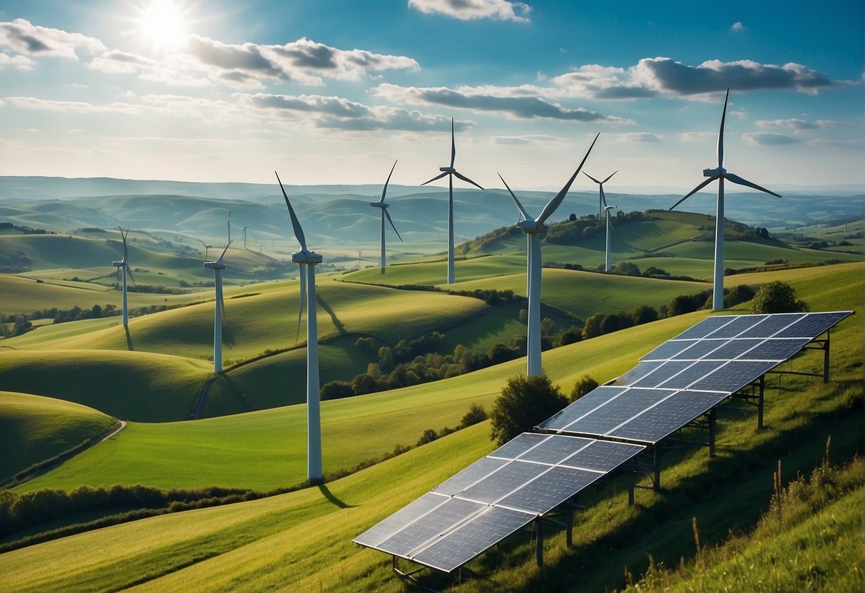 A vast landscape with wind turbines and solar panels generating energy on a sunny day, surrounded by green fields and rolling hills