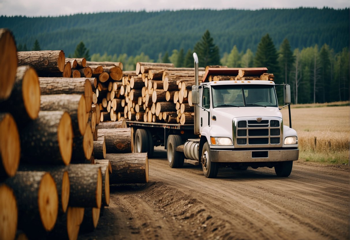 Lumber trucks hauling logs from a dense forest. Sawmill processing timber into planks. Farm equipment harvesting crops from vast fields