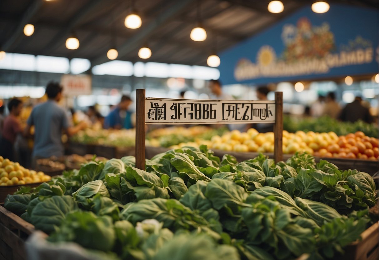 A fertile piece of land with crops and livestock, surrounded by a bustling market and signs advertising various ways to generate income from the land