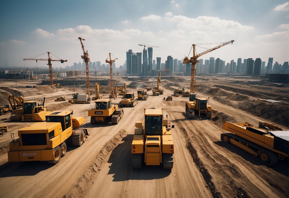 A bustling construction site with cranes, bulldozers, and workers building roads and high-rise buildings on a vast expanse of land