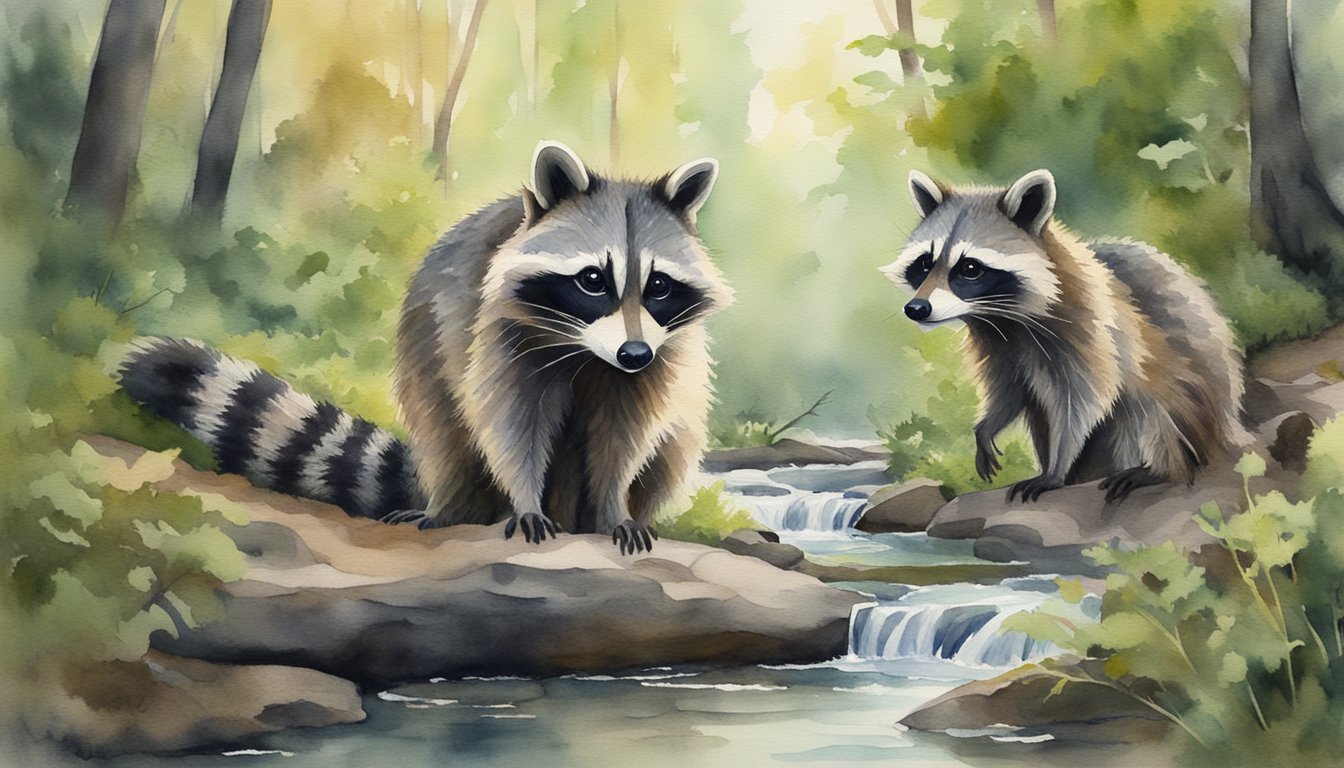 Two raccoons playfully interact near a stream in a forest clearing