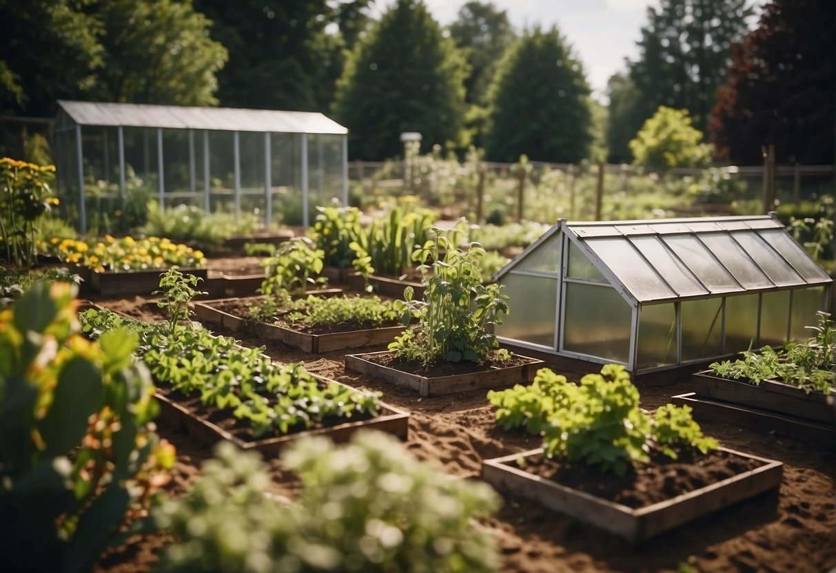 A small plot of land with various income-generating activities, such as a vegetable garden, bee hives, and a small greenhouse