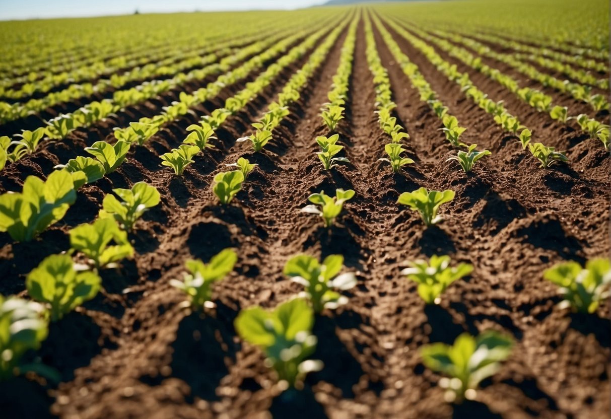 A landscape with fertile soil, a clear blue sky, and a variety of crops growing in neat rows, with a small sign that reads "How to Make Money with Land."