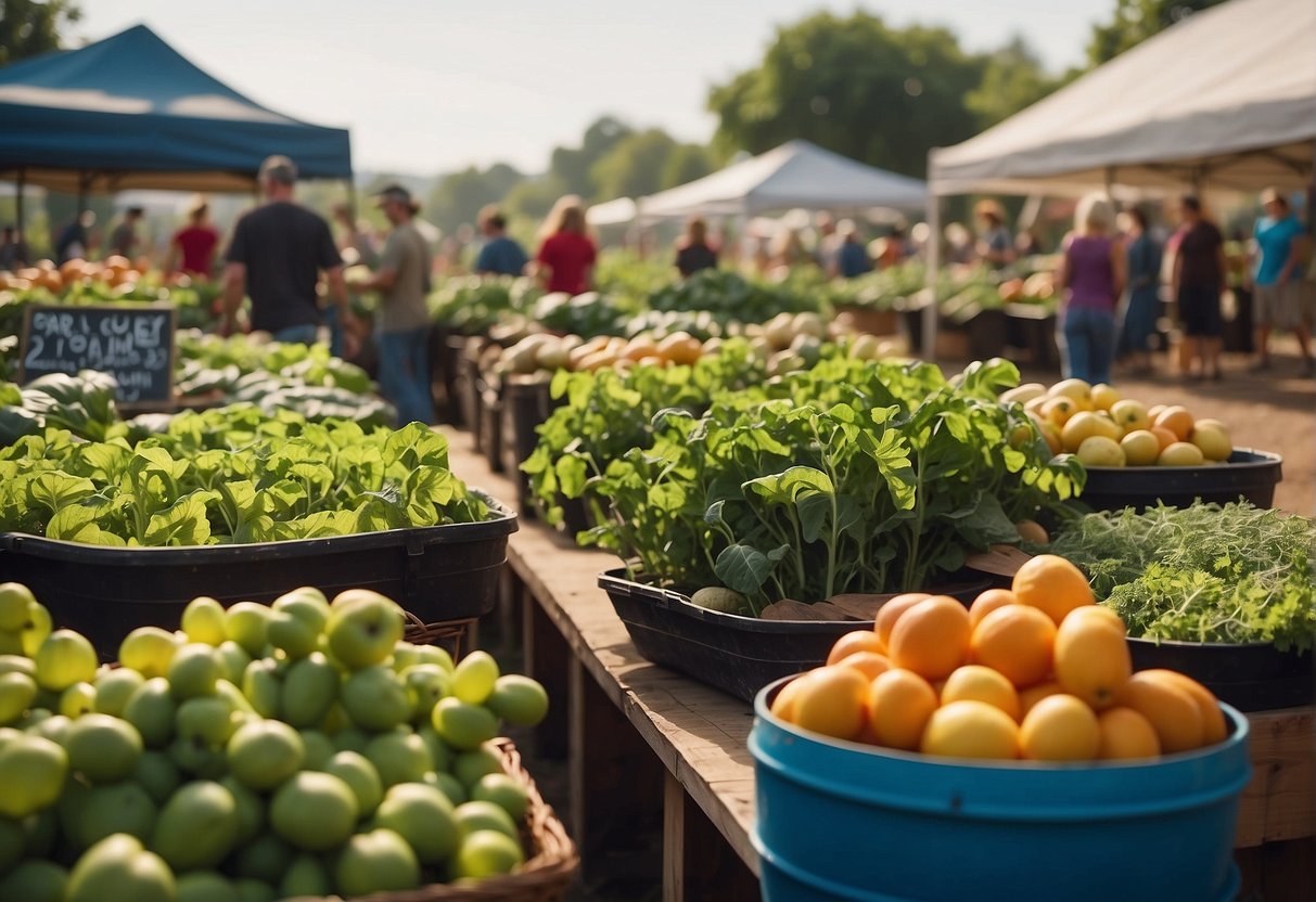 A lush 1-acre plot with diverse crops and livestock, a bustling farmer's market, and a sign advertising agritourism activities