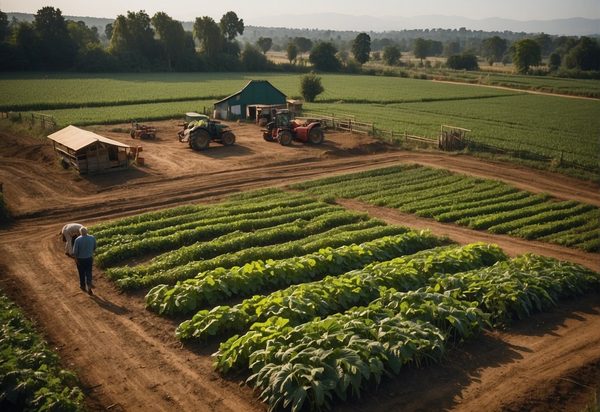 A sprawling 10-acre plot of land with fertile soil, dotted with crops and livestock enclosures. A small farm stand at the entrance, bustling with customers