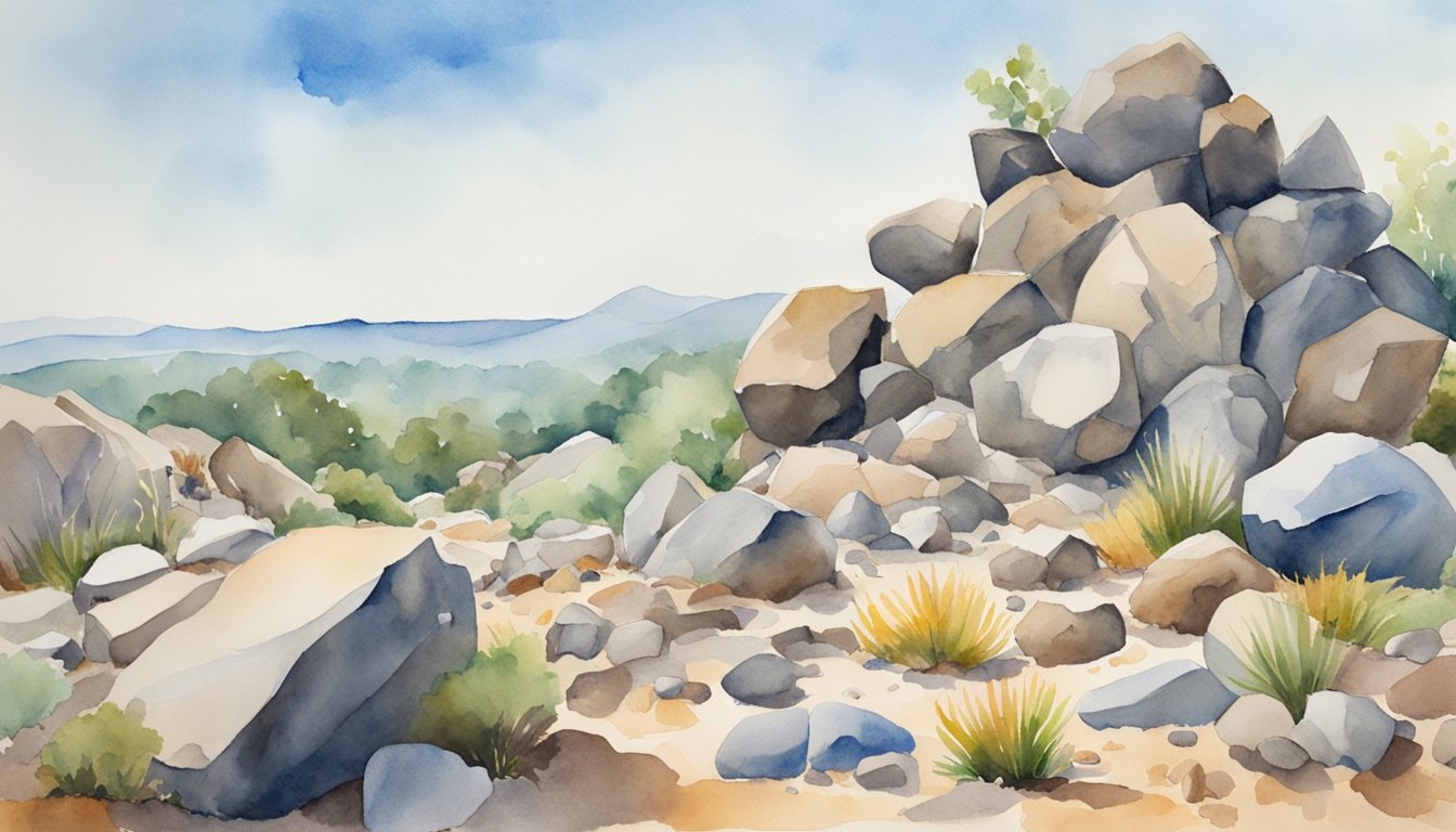 A rocky landscape with various types of rocks scattered on the ground, surrounded by a clear blue sky and some greenery in the background