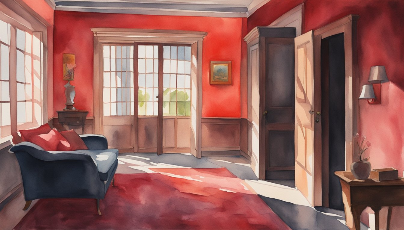 A red room with harsh lighting, casting deep shadows, evoking a sense of urgency and intensity