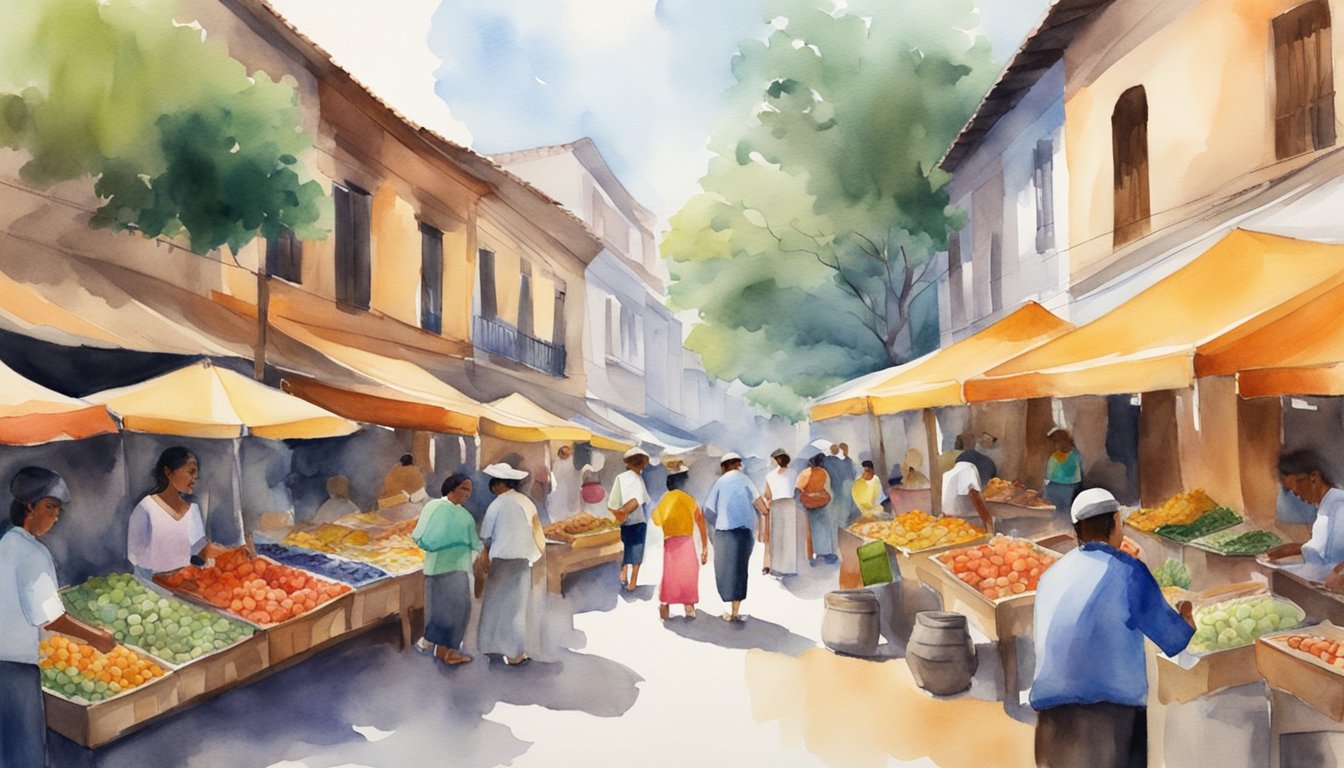 Vibrant street market with colorful textiles, exotic fruits, and traditional South American dishes being prepared.</p><p>Lively music fills the air as tourists explore the bustling scene