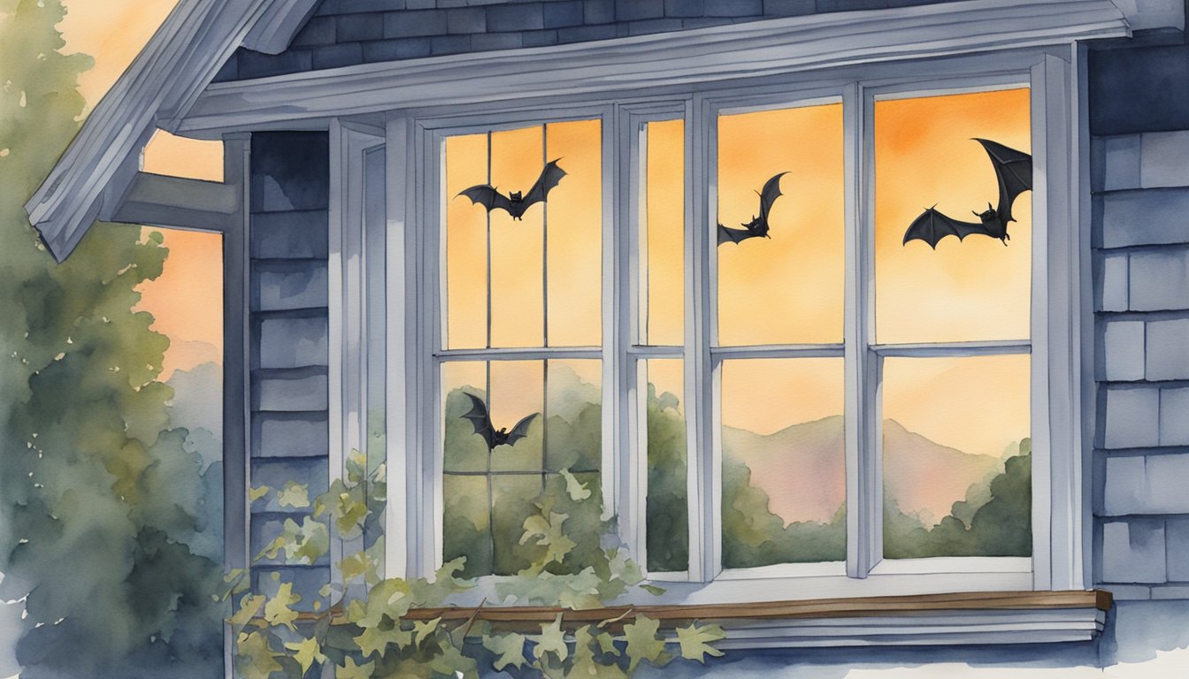 Bats flying out of open window at dusk, while homeowner seals off entry points with mesh