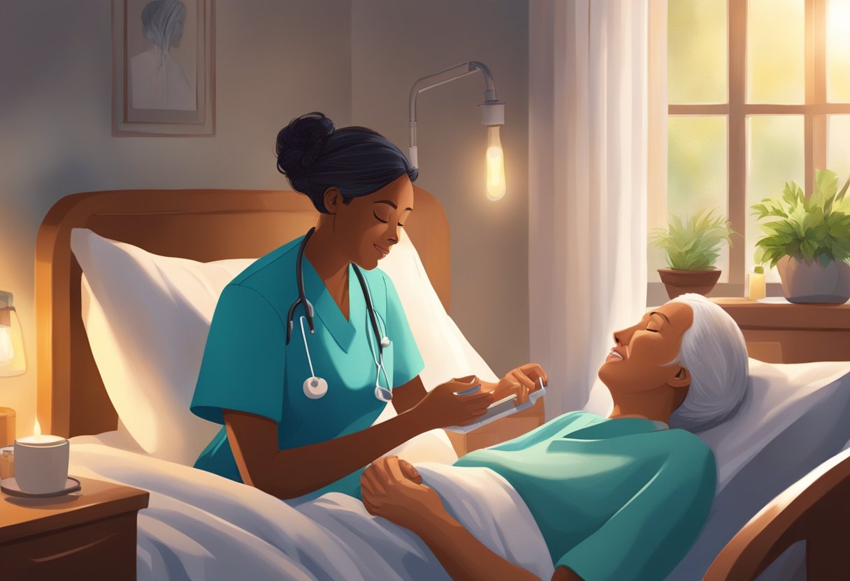 A nurse administers pain medication to a patient in a hospice bed, while a comforting atmosphere is created with soft lighting and soothing music