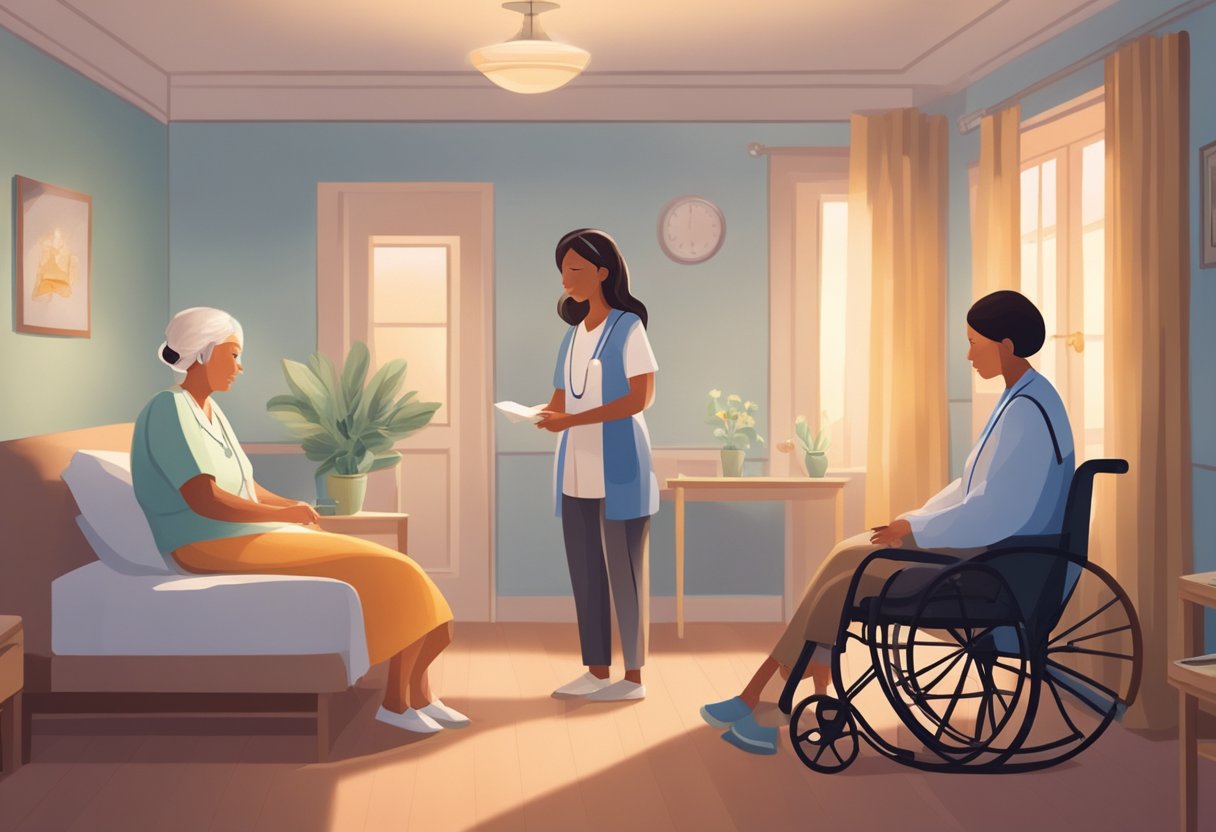 A hospice patient receiving pain medication from a nurse in a calm, peaceful room with soft lighting and comforting decor