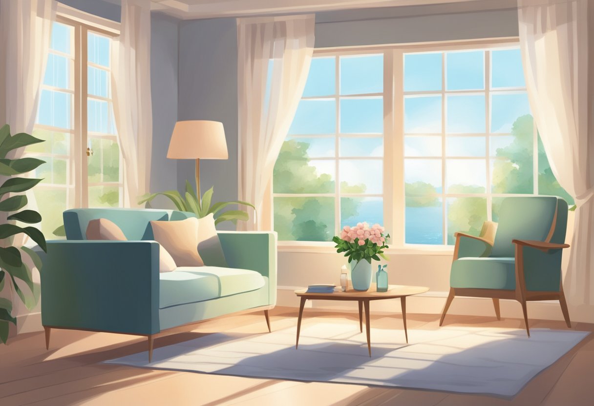 A peaceful room with soft lighting, comfortable furniture, and soothing decor. A gentle breeze flows through an open window, carrying the scent of fresh flowers