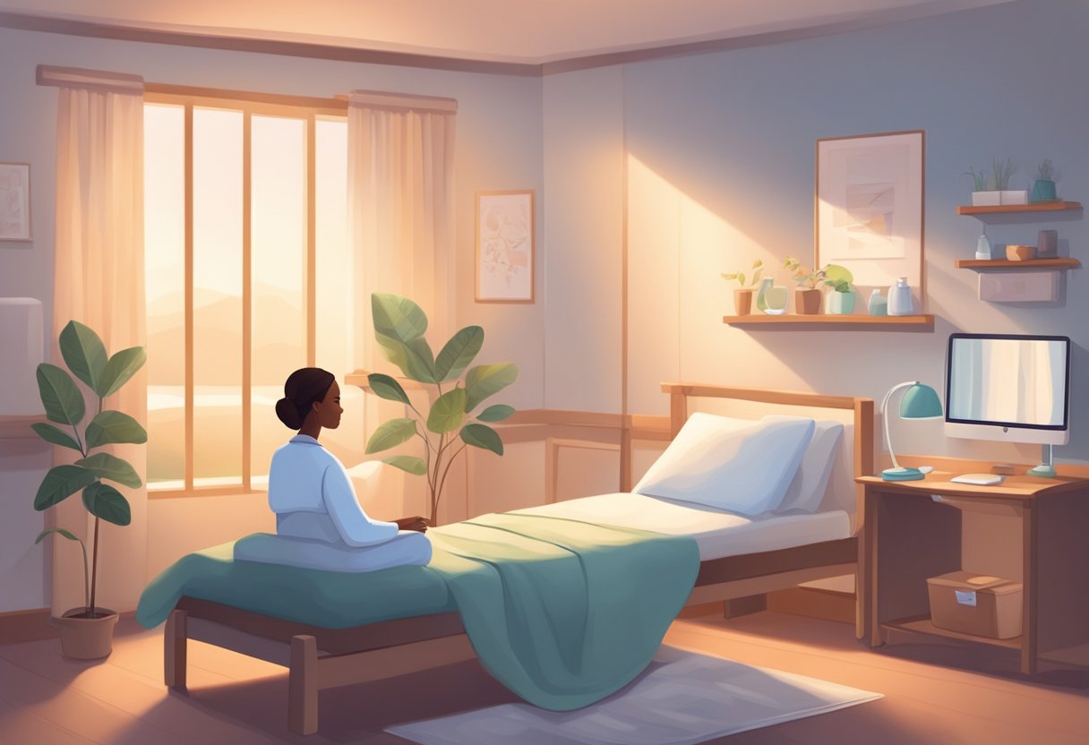 A serene room with soft lighting, a comfortable bed, and a soothing atmosphere. A caring nurse sits nearby, offering support and understanding to a patient