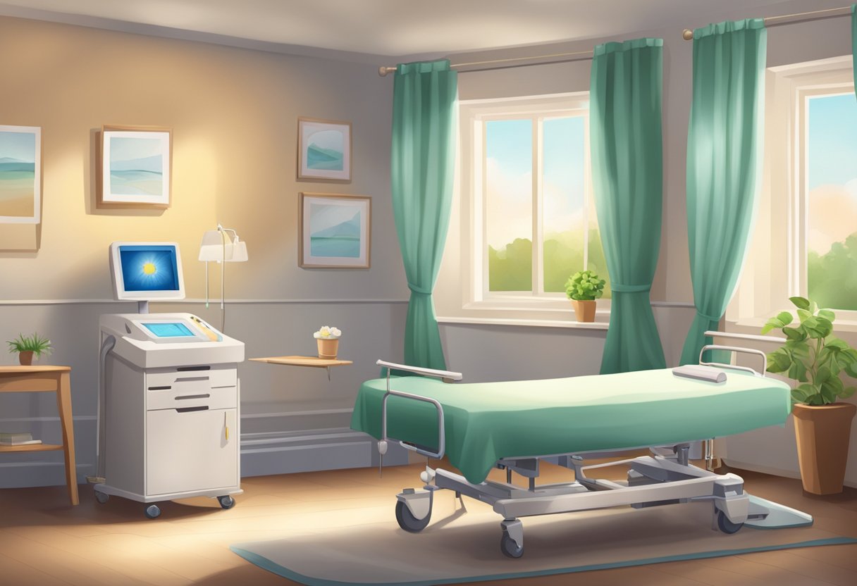 A serene hospice room with medical equipment and comforting decor