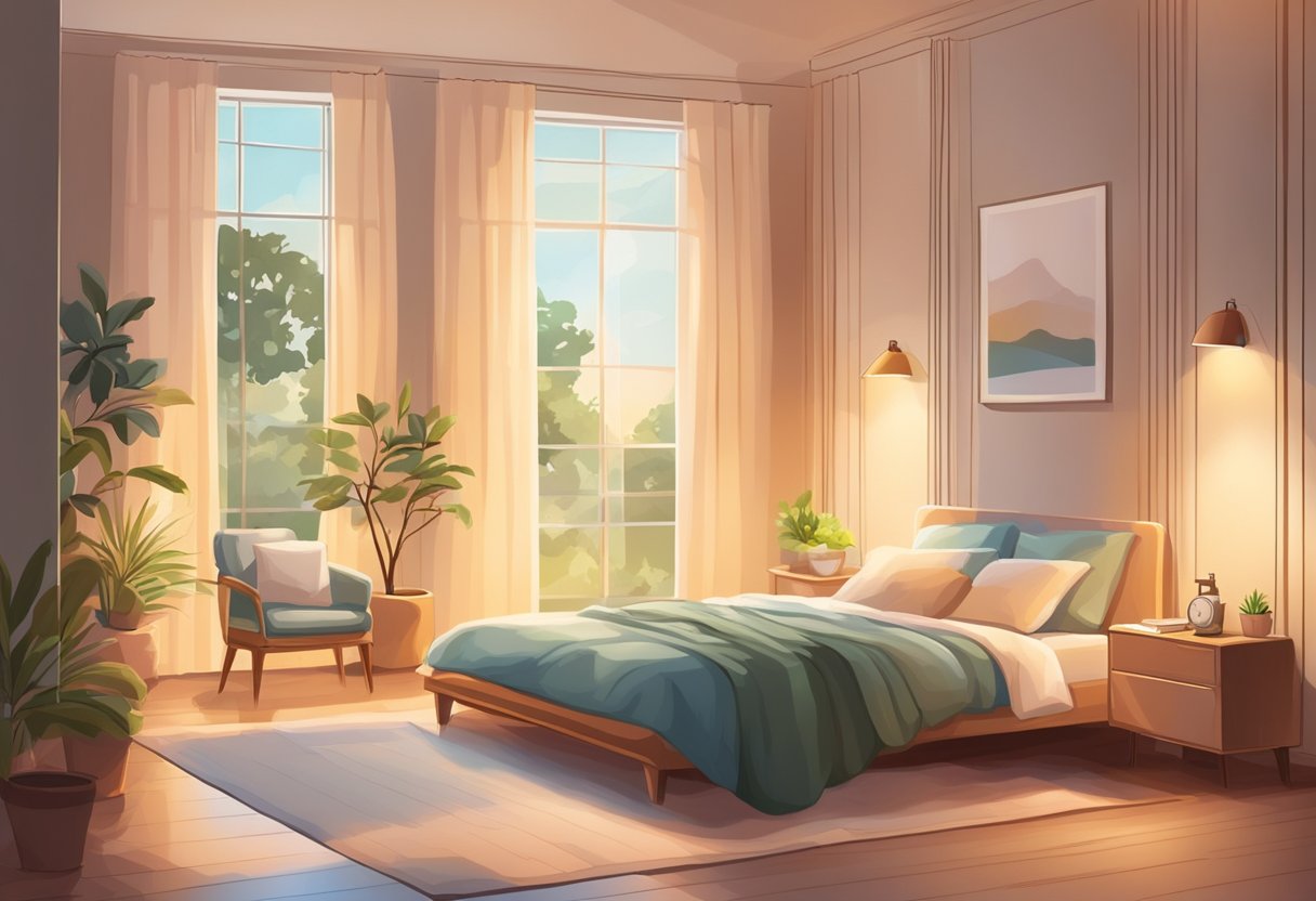 A serene room with a soft, warm glow. A comfortable bed with gentle, soothing colors. A peaceful atmosphere with a sense of care and support