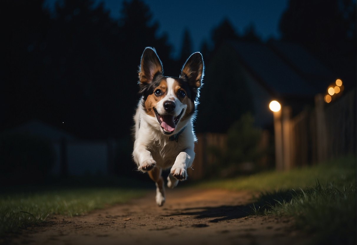 A dog running wildly in a dark yard, with a moonlit backdrop and a sense of excitement and energy