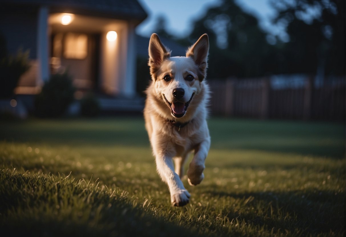 A dog runs freely in a well-lit, fenced backyard at night, with no obstacles or hazards in the way