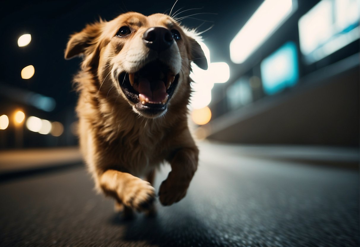 A dog runs wildly in the dark, with blurred motion lines and a sense of excitement and energy