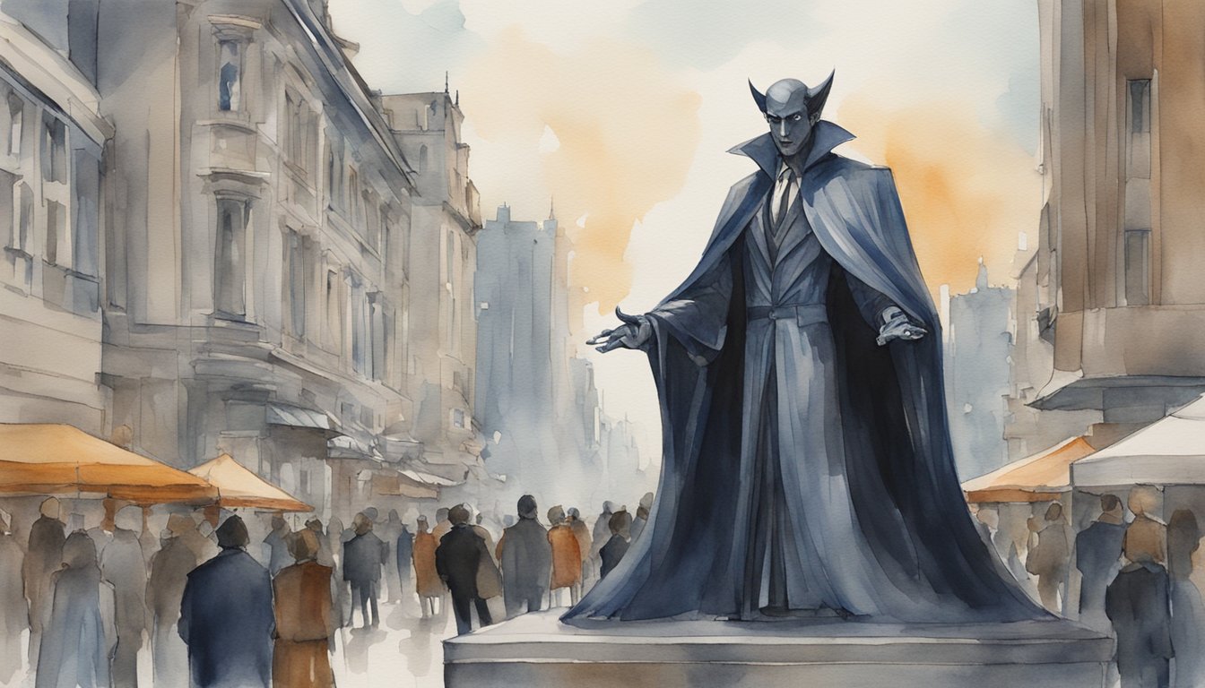 A vampire statue stands in a bustling city square, surrounded by modern buildings and people.</p><p>Its presence reflects the cultural impact and ongoing fascination with the idea of vampires