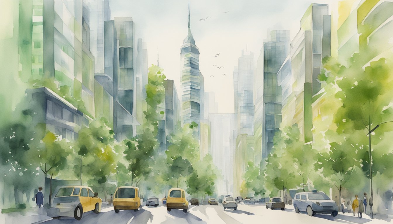 Urbanization impacts: buildings towering over crowded streets, traffic congestion, pollution, and green spaces shrinking.</p><p>Management efforts: city planning, sustainable development, and green infrastructure