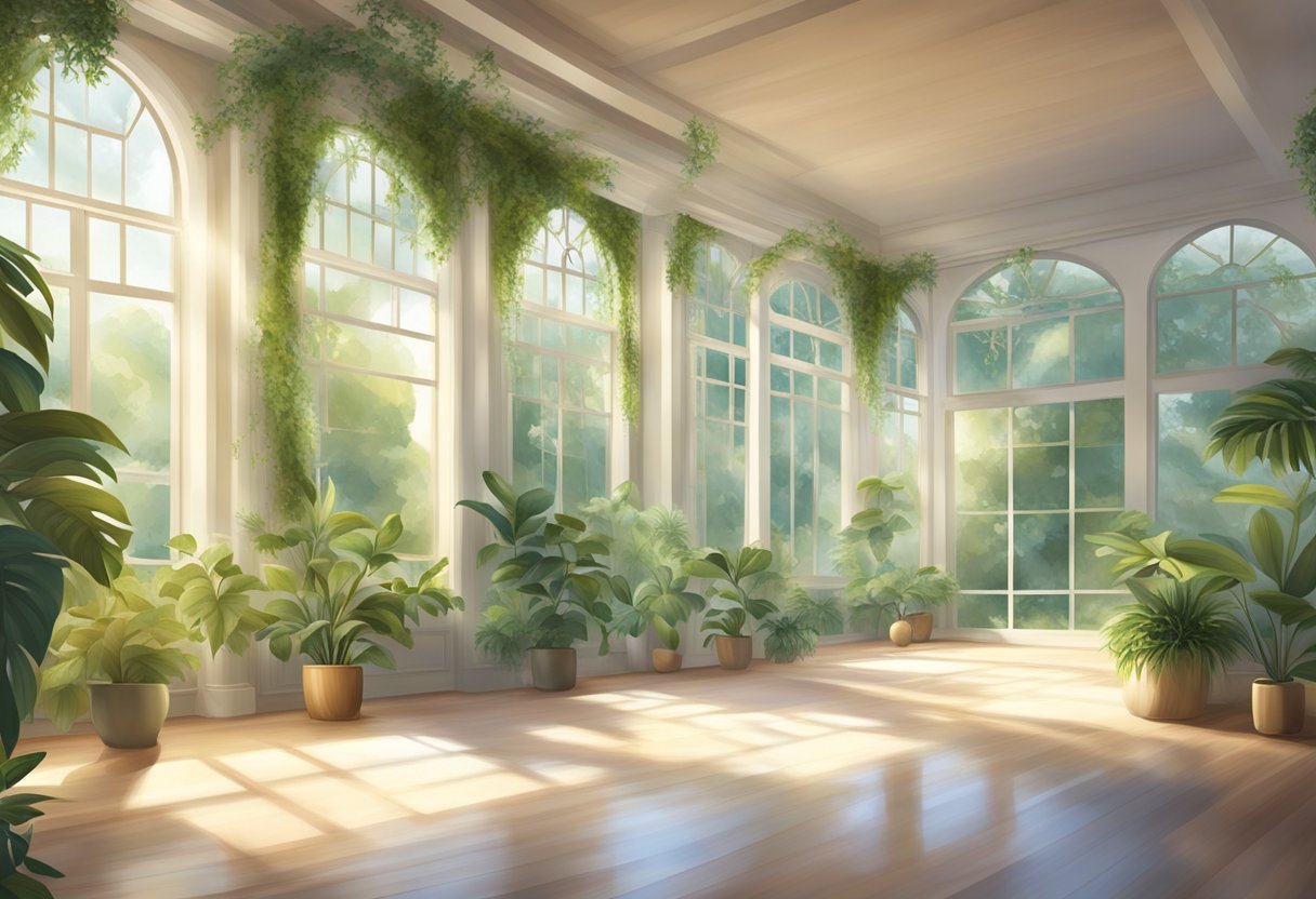 A serene dance studio with natural light streaming in, surrounded by lush greenery, evoking a sense of peace and abundance