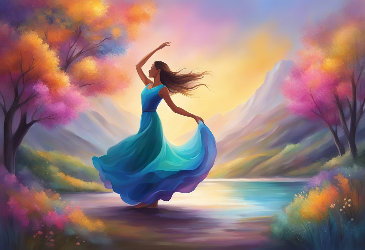 A serene, open space with flowing, graceful movements and vibrant colors symbolizing the connection to abundance through dance therapy