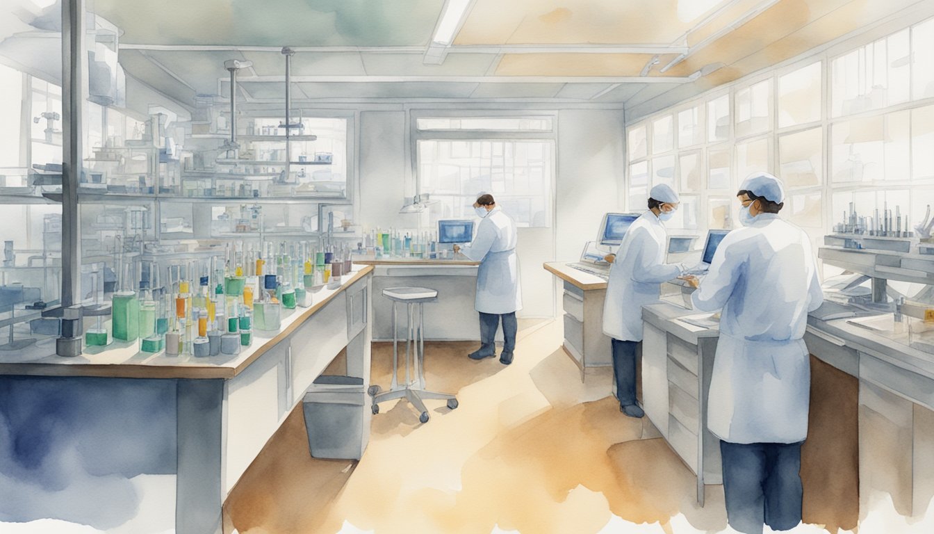 A laboratory setting with CRISPR equipment and DNA sequences being edited, scientists observing and taking notes