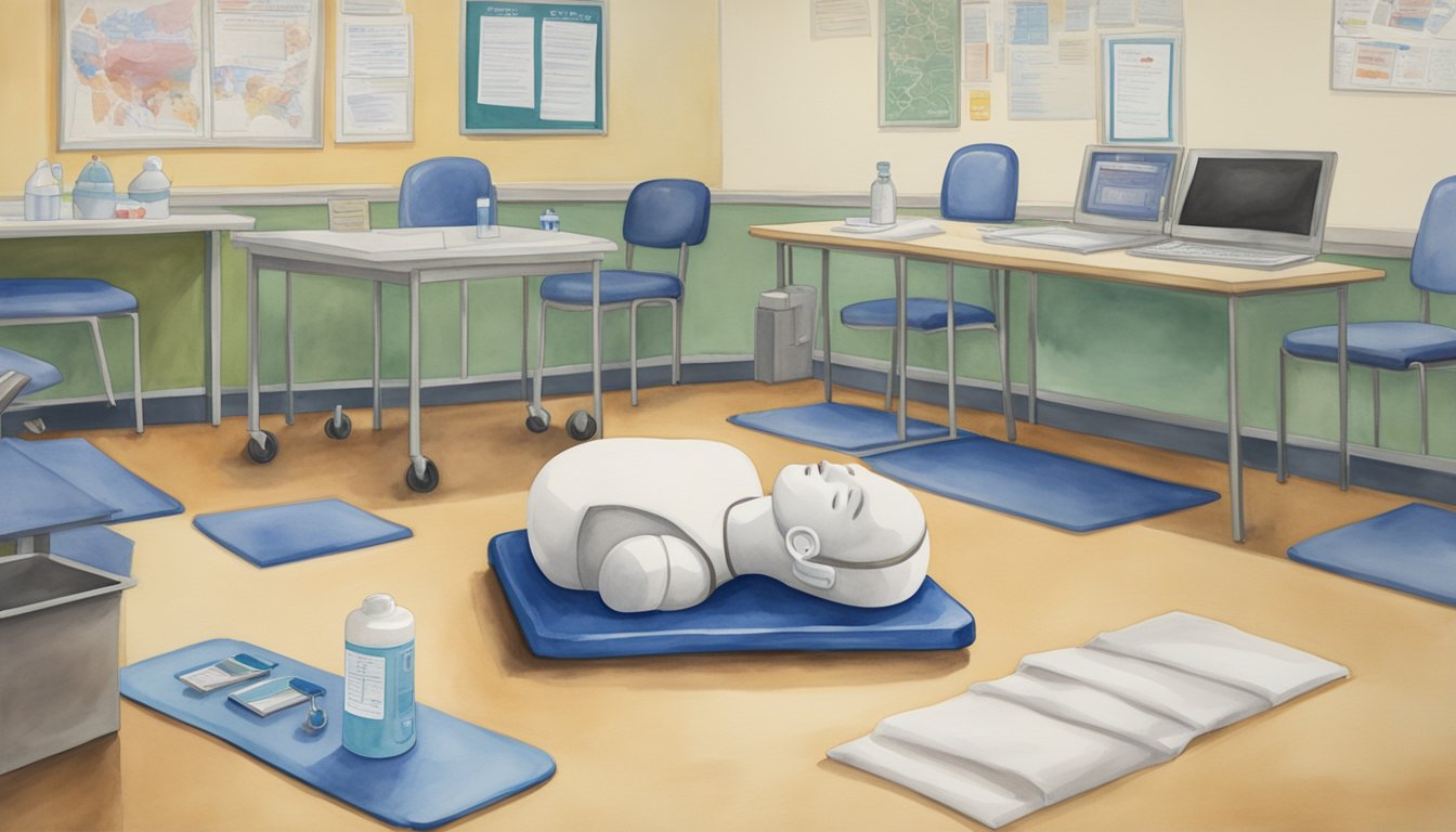 A CPR dummy with a lifelike face, positioned on a training mat in a classroom setting, surrounded by medical equipment and instructional posters