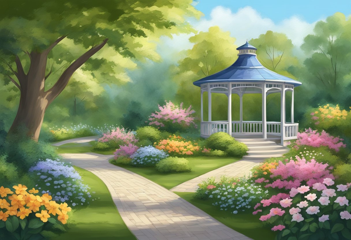 A serene garden with a winding path leading to a peaceful gazebo surrounded by blooming flowers and a gentle, calming atmosphere