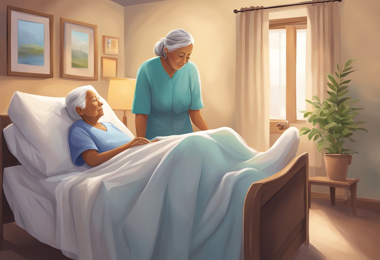 A comforting presence surrounds a hospice patient, with gentle words and soothing gestures offering emotional and spiritual support