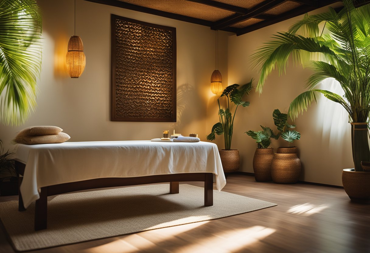 A serene room with tropical decor, soft lighting, and soothing music sets the scene for a lomi lomi massage. The sound of waves and gentle aroma of coconut oil complete the ambiance
