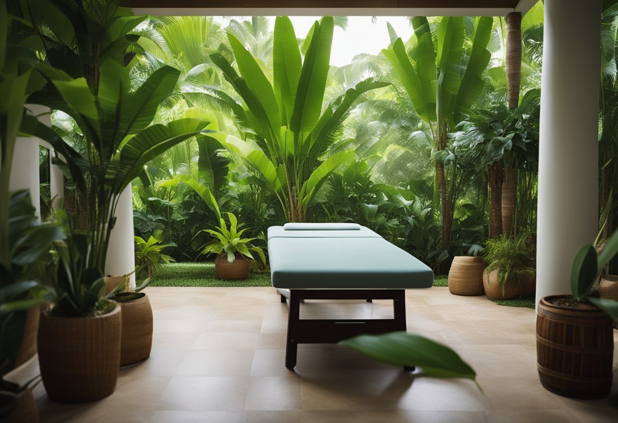 A serene tropical setting with a massage table surrounded by lush greenery and the sound of waves in the background