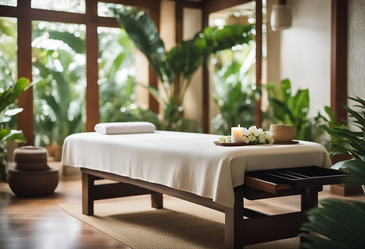 A serene room with tropical decor, a massage table with fresh flowers, and soft music playing in the background