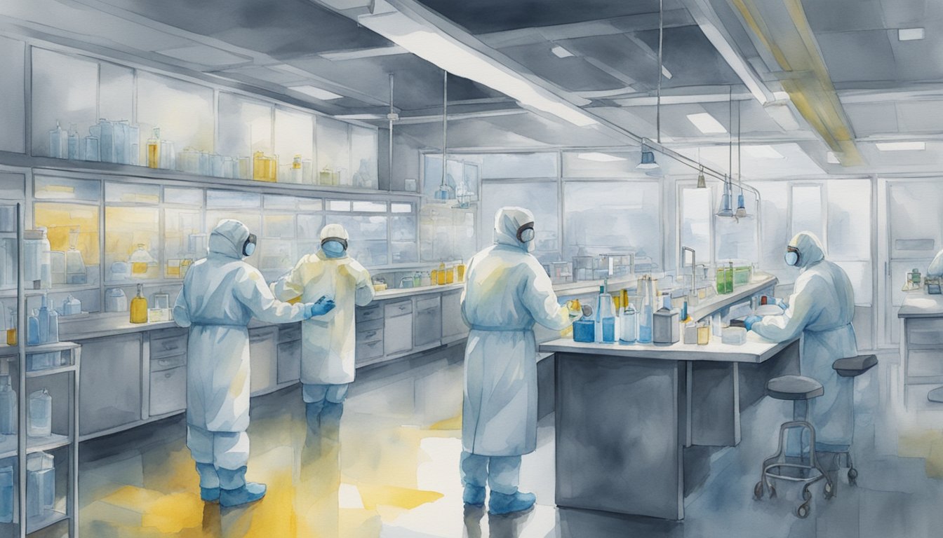 Scientists in hazmat suits analyzing virus samples in a high-tech laboratory.</p><p>Biohazard signs and disinfectant stations are visible throughout the room