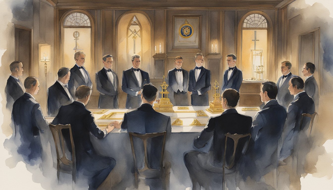 A group of men in formal attire gather around a symbolic altar, adorned with the square and compass emblem, in a dimly lit lodge room