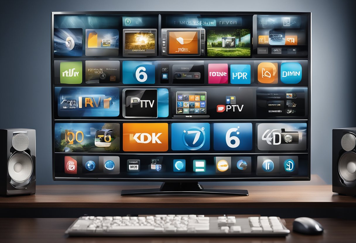 A phone, TV, and computer are shown with 6 IPTV player icons displayed on their screens. The devices are positioned in a modern and sleek environment, with minimalistic design elements