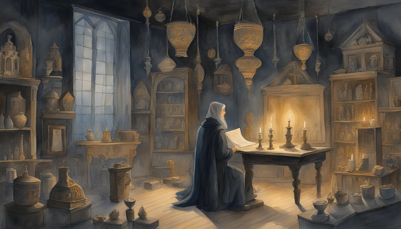 A dark, candle-lit room with a figure hunched over, surrounded by religious artifacts and symbols.</p><p>The atmosphere is tense and eerie, with a sense of spiritual warfare