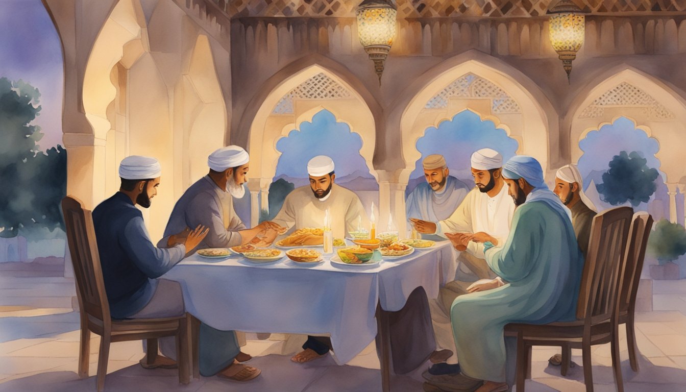 A family gathering around a table, breaking fast with dates and water.</p><p>A mosque in the background, lit up for evening prayers