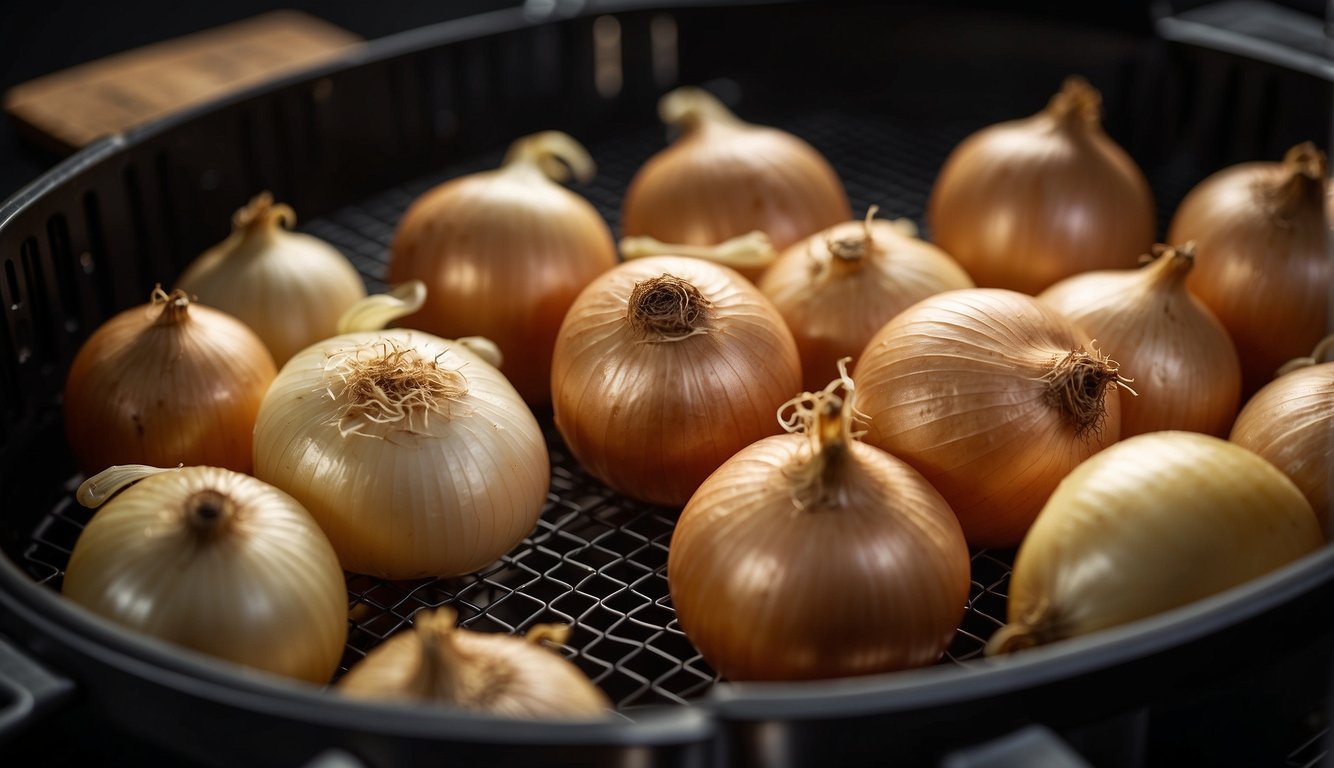 Sliced onions being carefully placed into an air fryer basket, ready to be cooked to perfection