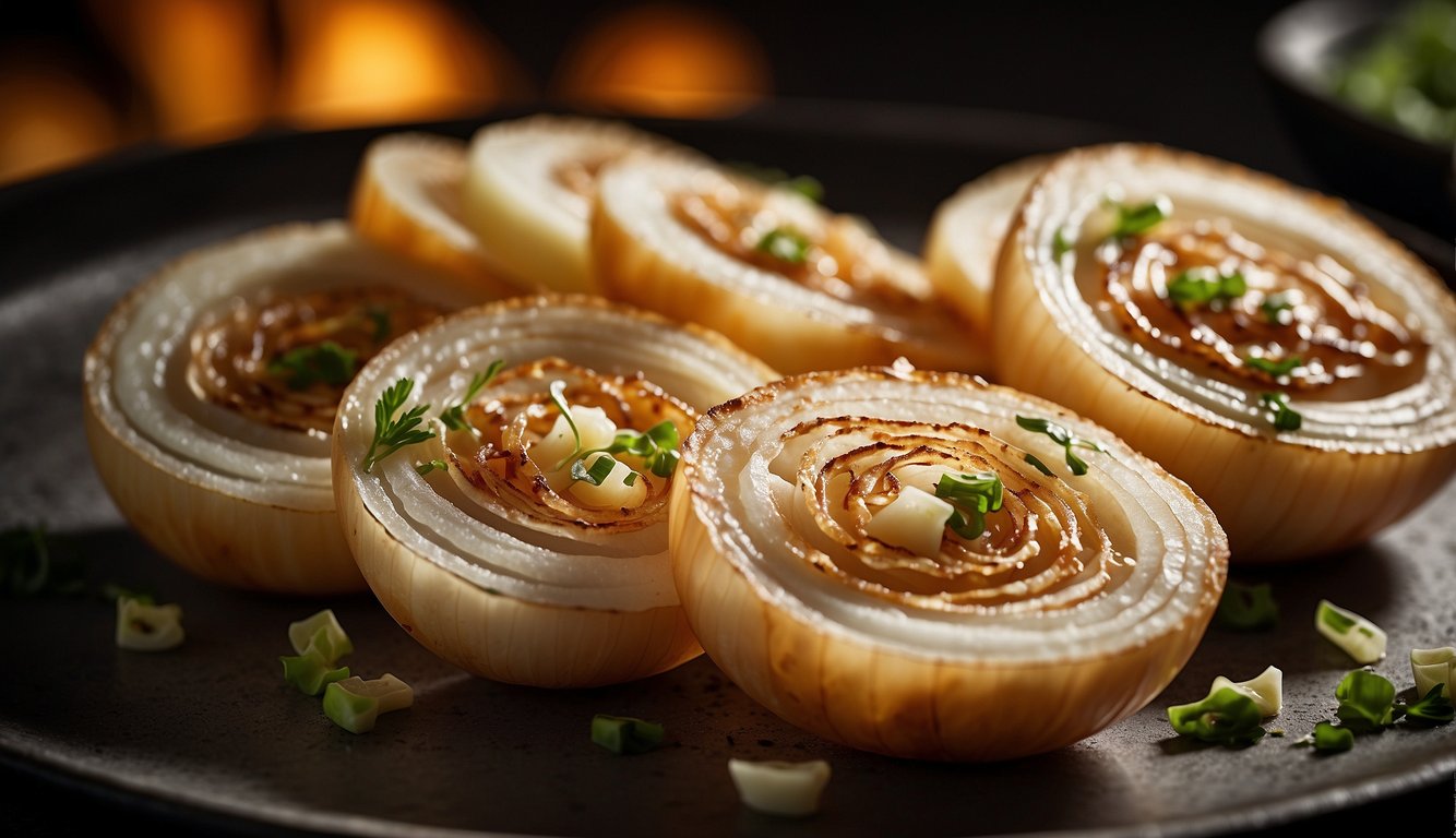 Sliced onions sizzle in the air fryer, browning and crisping as they cook, releasing a savory aroma
