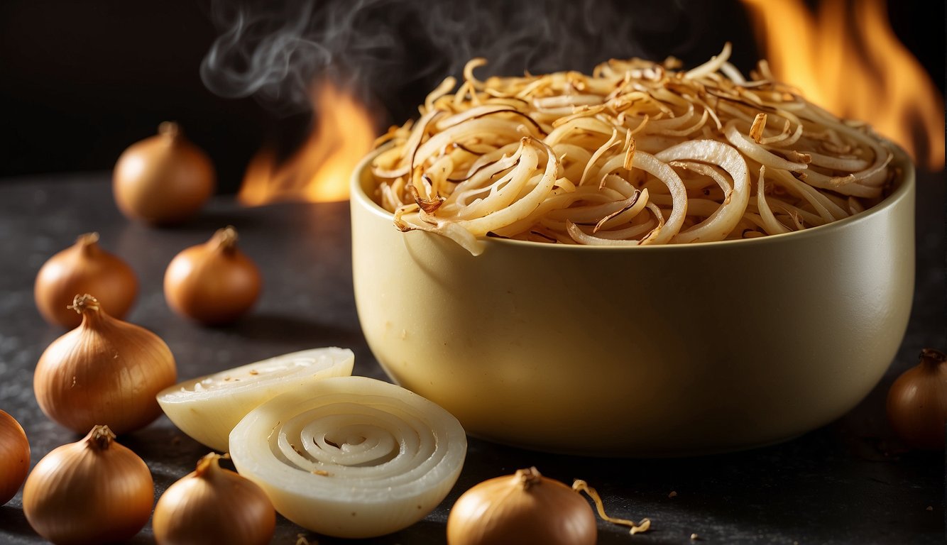 Sliced onions sizzling in an air fryer, releasing a tantalizing aroma as they turn golden brown and crispy