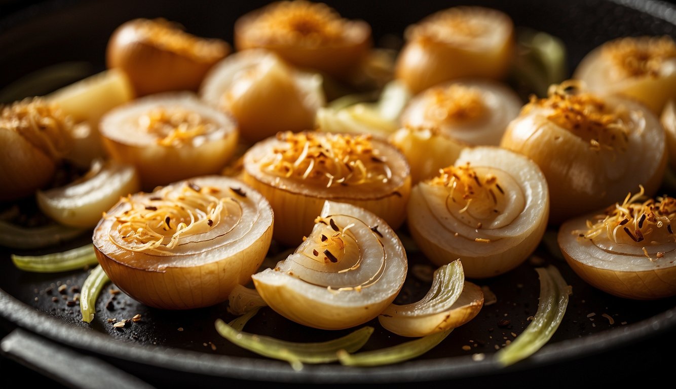 Sliced onions sizzling in an air fryer, emitting a golden brown hue and aromatic scent