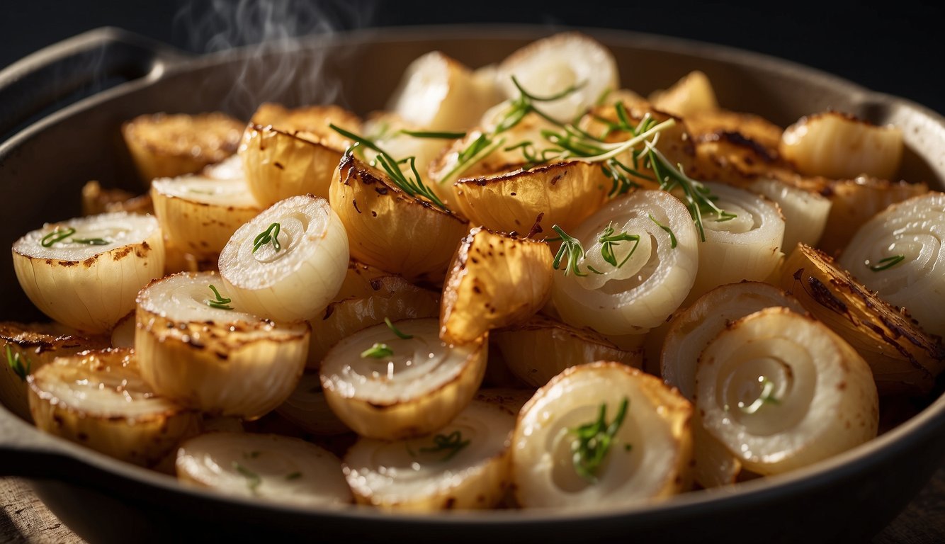 Sliced onions sizzling in an air fryer basket, golden brown and caramelized, emitting a savory aroma. A sprinkle of salt and a drizzle of olive oil add the finishing touch