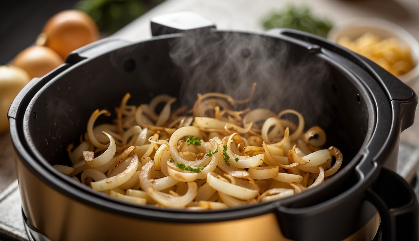 Sliced onions sizzling in an air fryer, emitting a golden-brown hue and savory aroma. The onions are evenly spread across the fryer basket, with wisps of steam rising from the cooking process